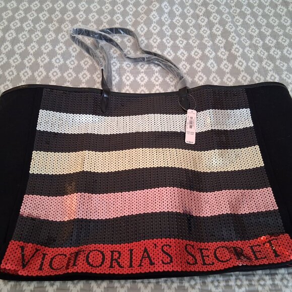 Victoria’s Secret Black Stripe Sequin Bling Large Tote Bag Open Top Beach Travel - Picture 2 of 8